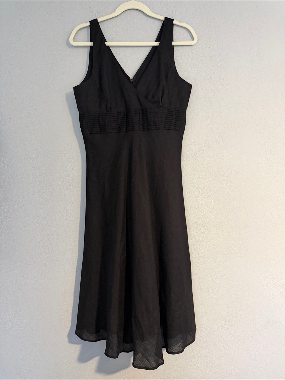 J. Crew 100% Linen Black V-Neck A-Line Pintuck Midi Dress Black Size 6